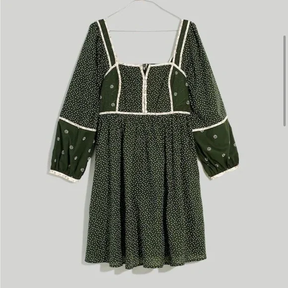 Madewell Mix Square-neck Green Quilted Floral Spring Prairie Mini Dress Size 2 - Picture 2 of 12